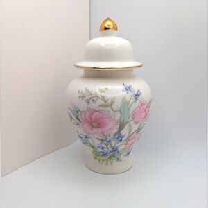 Japanese Ginger Jar with Lid Pink Purple Flowers Vintage
